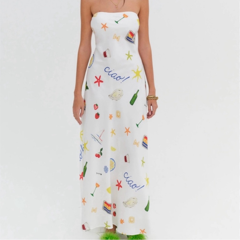 For Love & Lemons White Strapless Maxi Dress with Multicolor Summer Motifs - Picture 6 of 11